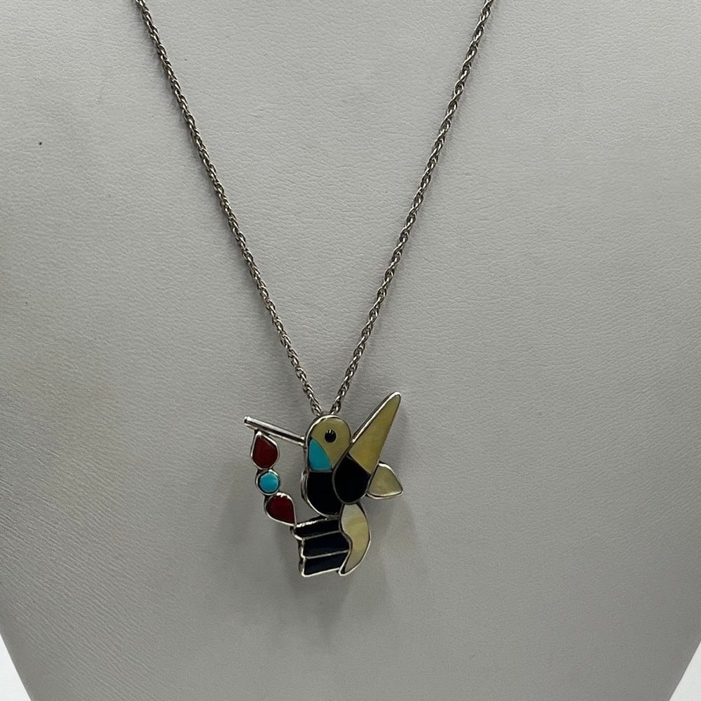 Zuni Hummingbird Sterling Inlay Brooch Necklace Multi-Stone Coral‎ Turquoise MOP